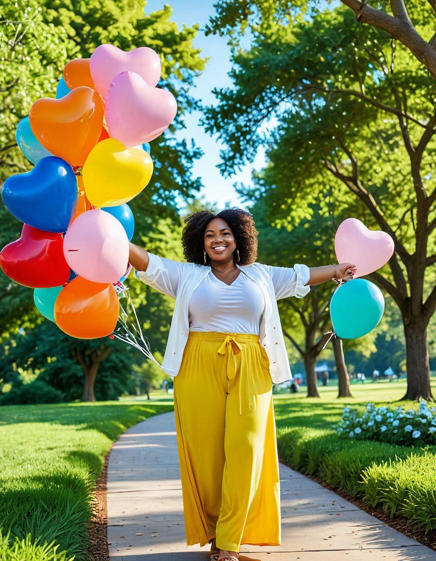 A joyful, confident curvy woman standing in a serene park, embracing life with open arms, surrounded by symbols of love like heart-shaped balloons and life elements like a glowing sun and gentle breeze. She wears a bright, comfortable outfit and appears empowered, with subtle representations of affordable insurance options illustrated around her, like checkmarks and prices. The background features lush greenery and a clear blue sky to evoke tranquility and confidence. vibrant colors. super-realistic.